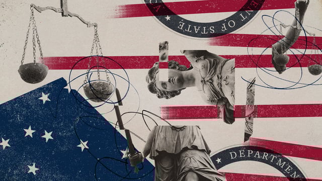 Photo collage of a deconstructed statue of Lady Justice and the USA flag