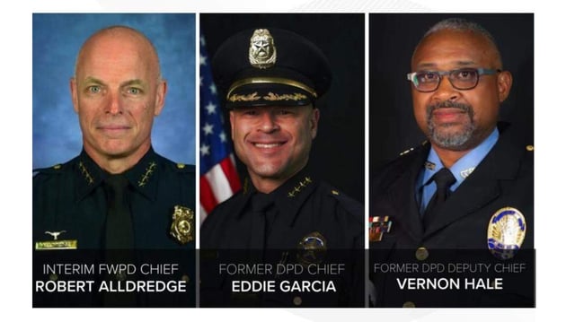 (From left) Fort Worth Interim Chief Robert Alldredge Jr., former Dallas Police Chief Eddie Garcia, and former Dallas Police Deputy Chief Vernon Hale. The three are finalists to be the next Fort Worth police chief.