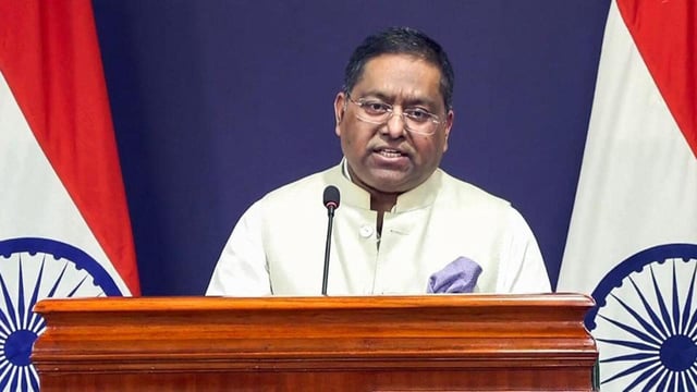MEA spokesperson Randhir Jaiswal addresses a press conference, in New Delhi on Thursday. (ANI)