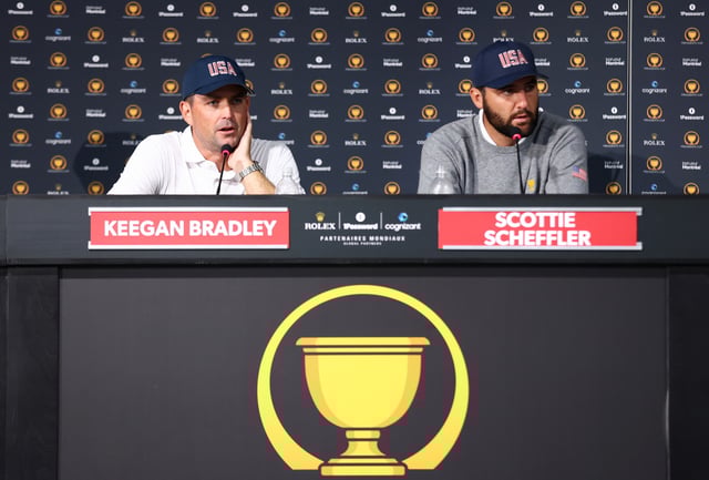 Keegan Bradley and Scottie Scheffler of the U.S. Team speak to the media following Thursday&#39;s Four-ball matches on day one of the 2024 Presidents Cup at The Royal Montreal Golf Club on September 26, 2024 in Montreal, Quebec, Canada.