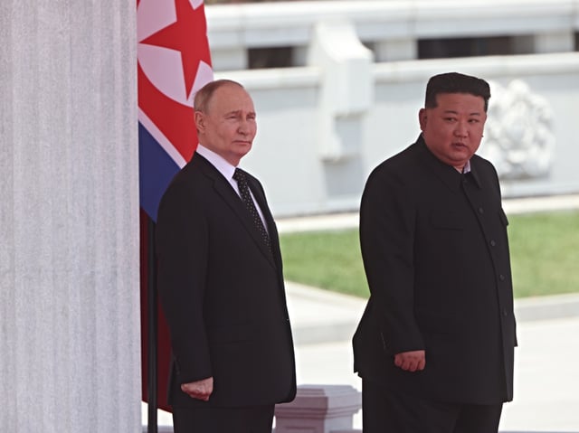 PYONGYANG, NORTH KOREA- JUNE 19 (RUSSIA OUT) Russia's President Putin (L) and North Korean Supreme Leader Kim Jong Un  (R) attend a welcoming ceremony,  June 19, 2024, in Pyongyang, North Korea. Russian President Vladimir Putin is arriving to North Korea with a two-days visit. (Photo by Contributor/Getty Images)