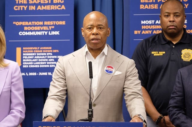 Mayor Eric Adams speaks at a press conference at the NYPD&#39;s 115th Precinct station house in Queens, New York on Tuesday, June 24, 2025. (Gardiner Anderson / New York Daily News)