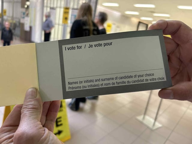 The adapted ballot being used in the Battle River-Crowfoot federal byelection is seen at an advance polling station in Camrose, Alta., on Aug. 8, 2025.