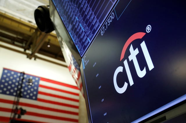 The logo for Citibank is seen on the trading floor at the New York Stock Exchange (NYSE) in Manhattan, New York City, U.S., August 3, 2021. REUTERS/Andrew Kelly/File Photo