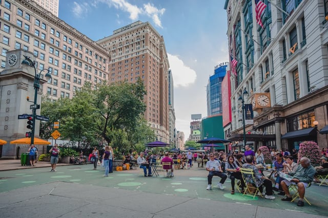 The Herald Square pedestrian plaza in Midtown Manhattan is seen on July 16, 2014.