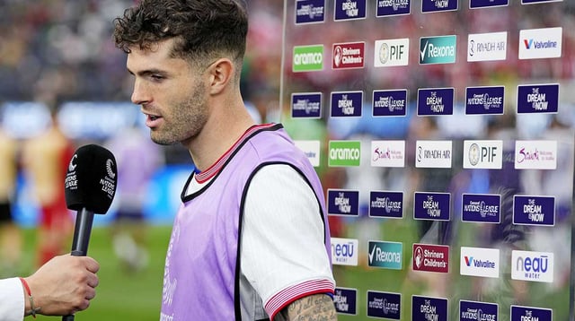 Mar 23, 2025; Inglewood, California, USA; USA forward Christian Pulisic (10) is interviewed after the game against Canada during the Concacaf Nations League final at SoFi Stadium. Mandatory Credit: Kyle Terada-Imagn Images