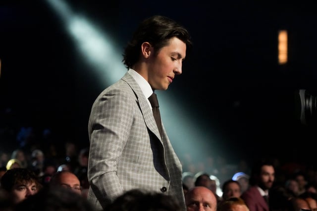 Jun 27, 2025; Los Angeles, California, USA; Caleb Desnoyers is selected as the fourth overall pick to the Utah Mammoth in the first round of the 2025 NHL Draft at Peacock Theater. Mandatory Credit: Kirby Lee-Imagn Images/File Photo