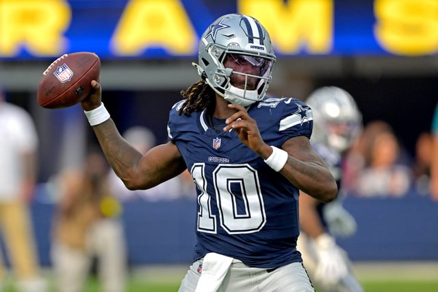 Aug 9, 2025; Inglewood, California, USA;  Dallas Cowboys quarterback Joe Milton III (10) throws a pass during the first half against the Los Angeles Rams at SoFi Stadium. Mandatory Credit: Jayne Kamin-Oncea-Imagn Images