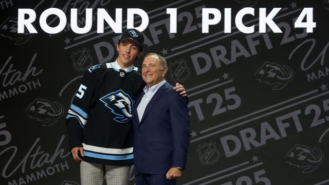 Jun 27, 2025; Los Angeles, California, USA; Caleb Desnoyers is selected as the fourth overall pick to the Utah Mammoth in the first round of the 2025 NHL Draft at Peacock Theater. Mandatory Credit: Kirby Lee-Imagn Images