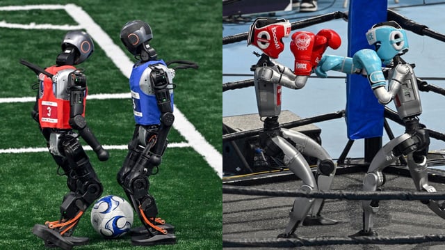 Two humanoid robots face off in a soccer match, while another pair boxes inside a ring, showcasing AI-powered athletic and combat skills during the World Humanoid Robot Games in Beijing. The event features over 500 robots from 16 countries competing in sports, martial arts, and scenario-based challenges.