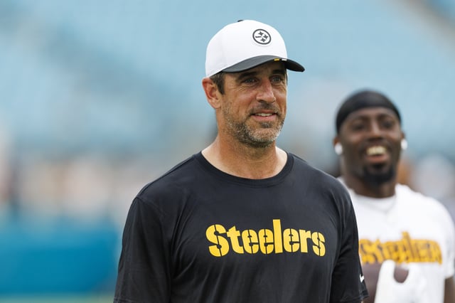 Aug 9, 2025; Jacksonville, Florida, USA; Pittsburgh Steelers quarterback Aaron Rodgers (8) before the game against the Jacksonville Jaguars at EverBank Stadium. Mandatory Credit: Morgan Tencza-Imagn Images