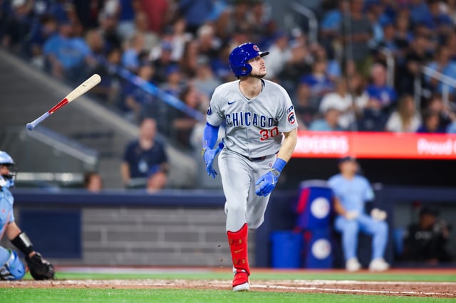 TORONTO, CANADA - AUGUST 13: Kyle Tucker #30 of the Chicago Cubs runs as he flies out in the sixth inning of their MLB game against the Toronto Blue Jays at Rogers Centre on August 13, 2025 in Toronto, Ontario, Canada.