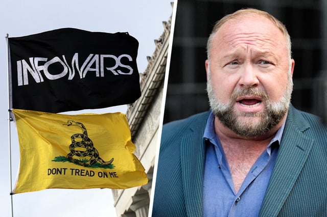 An InfoWars and "Don't Tread on Me" flag; Alex Jones.