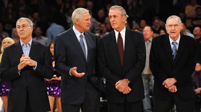 April 6, 2012; Los Angeles, CA, USA; From left Gail Goodrich , Jerry West , Pat Riley and Bill Sharman are honored at halftime of a game against the Houston Rockets in honor of the 40th anniversary of the 1972 NBA championship team at Staples Center. Mandatory Credit: Jayne Kamin-Oncea-Imagn Images