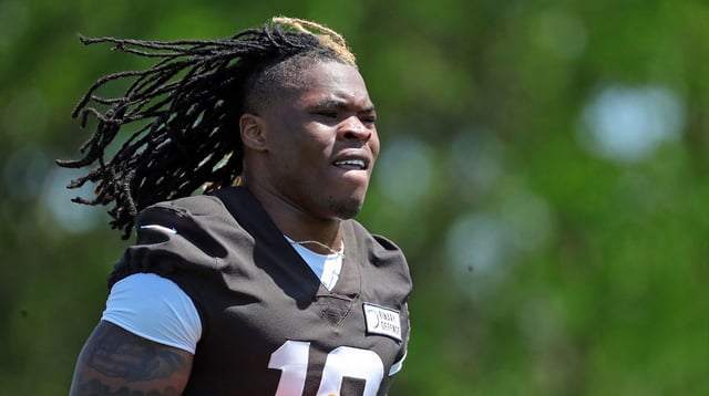 Cleveland Browns running back Quinshon Judkins runs off the field during rookie minicamp at the Browns training facility May 10, 2025, in Berea, Ohio.