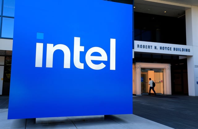 The Intel logo on a sign in front of Intel headquarters on July 16 in Santa Clara, California.