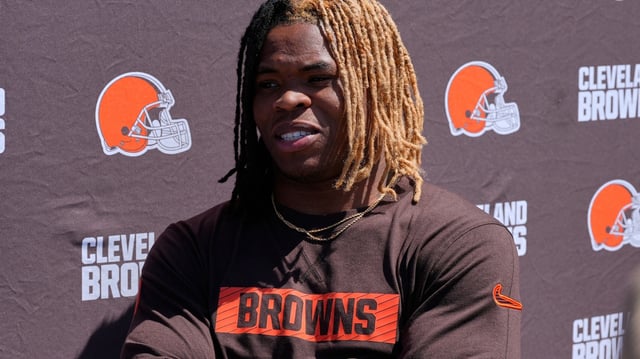 FILE - Cleveland Browns running back Quinshon Judkins speaks during a news conference at the NFL football team's rookie minicamp in Berea, Ohio, May 9, 2025. (AP Photo/Sue Ogrocki, file)
