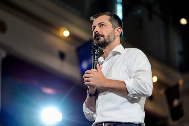 Former U.S. Secretary of Transportation Pete Buttigieg speaks during a town hall hosted by VoteVets May 13, 2025 in Cedar Rapids, Iowa.