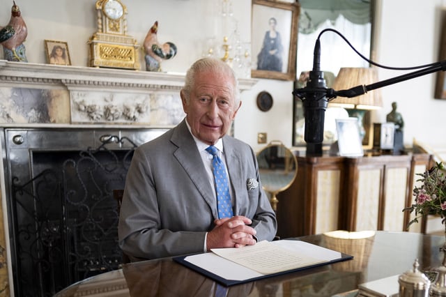 Britain's King Charles records a VJ Day message in the Morning Room of Clarence House, in London Britain, August 14, 2025. Aaron Chown/Pool via REUTERS