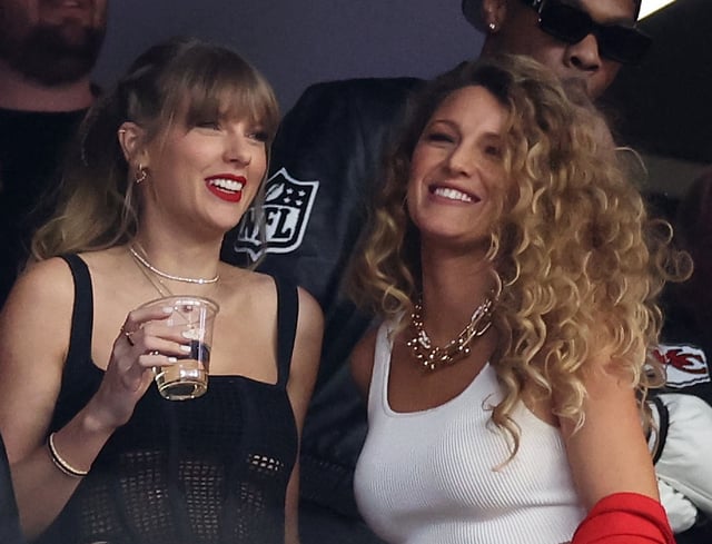 LAS VEGAS, NEVADA - FEBRUARY 11: Rapper Ice Spice, singer Taylor Swift and actress Blake Lively react prior to Super Bowl LVIII between the San Francisco 49ers and Kansas City Chiefs at Allegiant Stadium on February 11, 2024 in Las Vegas, Nevada. (Photo by Ezra Shaw/Getty Images)