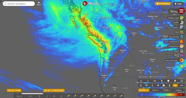 A  map from windy.com shows heavy rainfall over the next three days across parts of Oregon and Washington.