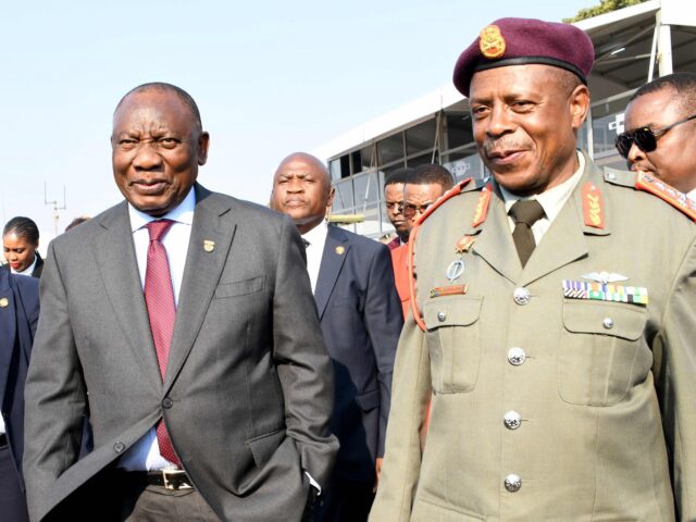 PRETORIA, SOUTH AFRICA - SEPTEMBER 18:Cyril Ramaphosa and General Rudzani Maphwanya at the Opening Of The Africa Aerospace And Defence Exhibition at Air Force Base (AFB) Waterkloof on September 18, 2024 in Pretoria, South Africa. The exhibition showcases South African developed aerospace and defence technology, facilitates international partnerships including business to business and government to government, promotes exports, facilitates job creation and creates an educational platform promoting defence. (Photo by Frennie Shivambu/Gallo Images via Getty Images)