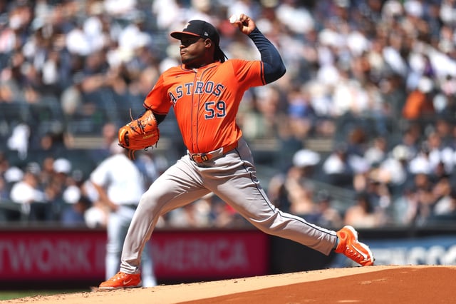 NEW YORK, NEW YORK - AUGUST 09: Framber Valdez #59 of the Houston Astros pitches during the first inning against the New York Yankees at Yankee Stadium on August 09, 2025 in the Bronx borough of New York City.
