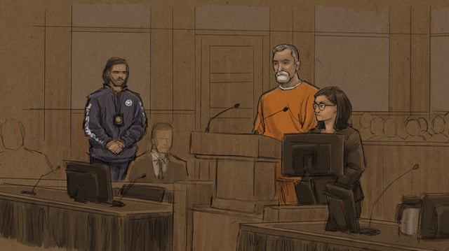 This courtroom sketch shows Vance Boelter, who is charged with killing the top Democrat in the Minnesota House and her husband, and wounding a state senator and his wife, appears at federal court in Minneapolis, Thursday, Aug. 7, 2025. (Cedric Hohnstadt via AP)