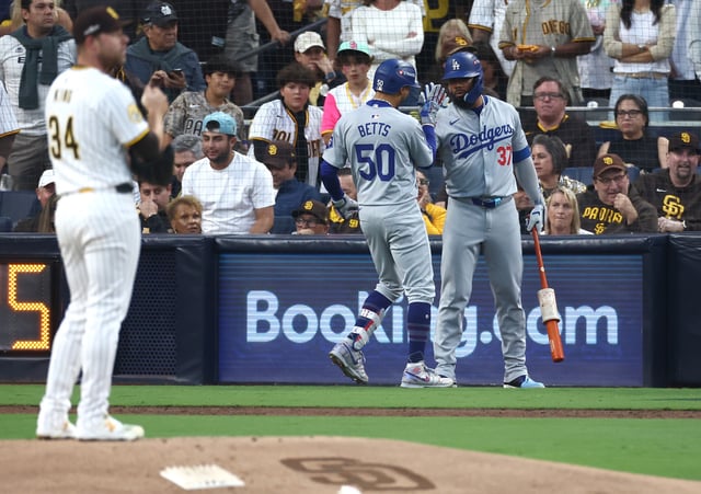 Mookie Betts #50 and Teoscar Hernández #37 of the Los Angeles Dodgers celebrate after Betts hit a home run in the first inning against the San Diego Padres during Game Three of the Division Series at Petco Park on October 08, 2024 in San Diego, California.