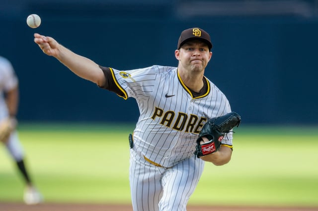 Aug 9, 2025; San Diego, California, USA; San Diego Padres starting pitcher Michael King (34) throws a pitch during the first inning against the Boston Red Sox at Petco Park. Mandatory Credit: David Frerker-Imagn Images