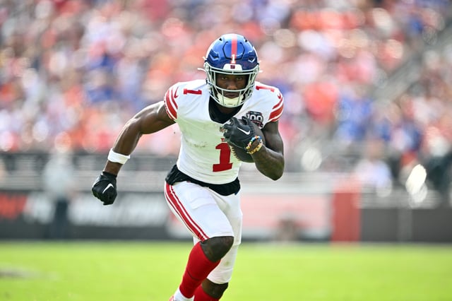 Wide receiver Malik Nabers #1 of the New York Giants runs a play during the second quarter against the Cleveland Browns at Huntington Bank Field on September 22, 2024 in Cleveland, Ohio. The Giants defeated the Browns 21-15.