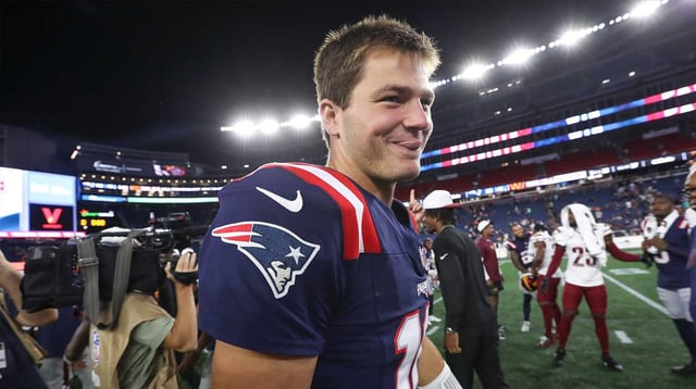 Aug 8, 2025; Foxborough, Massachusetts, USA; New England Patriots quarterback Drake Maye (10) reacts after defeating the Washington Commanders at Gillette Stadium. Mandatory Credit: Paul Rutherford-Imagn Images