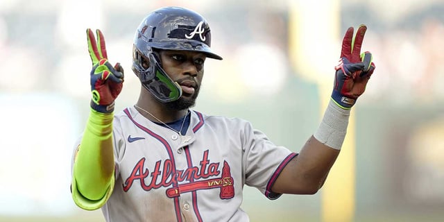 Jul 29, 2025; Kansas City, Missouri, USA; Atlanta Braves center fielder Michael Harris II (23) gestures to the dugout after hitting a triple during the second inning against the Kansas City Royals at Kauffman Stadium. Mandatory Credit: Jay Biggerstaff-Imagn Images