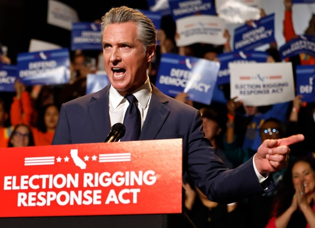 California Governor Gavin Newsom speaks about California redistricting plans at a press conference at the Democracy Center, Japanese American Museum on Aug. 14, 2025 in Los Angeles, California. Newsom spoke about a possible California referendum on redistricting to counter the legislative effort to add five Republican House seats in the state of Texas. (Photo by Mario Tama/Getty Images)