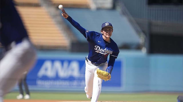 Aug 8, 2025; Los Angeles, California, USA; Los Angeles Dodgers pitcher Roki Sasaki (11) throws before the game against the Toronto Blue Jays at Dodger Stadium. Mandatory Credit: Kirby Lee-Imagn Images