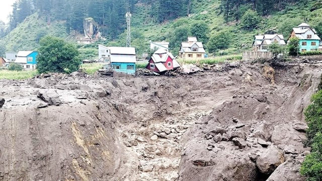 A view of the Chashoti area following a flash flood triggered by a cloudburst in Kishtwar on Thursday. Rescue operations are underway.