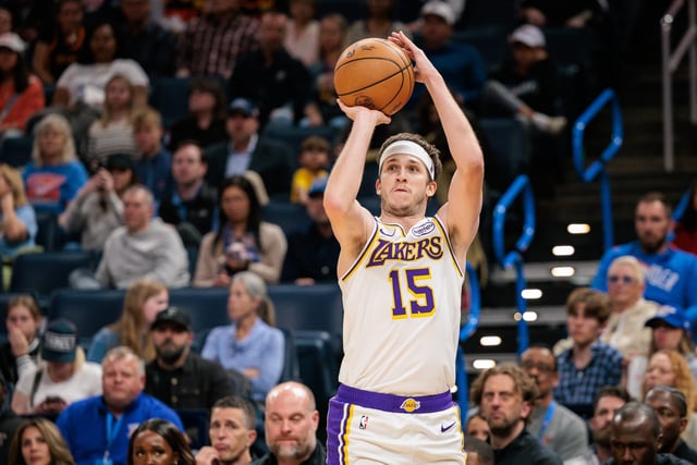 Austin Reaves #15 of the Los Angeles Lakers shoots the ball during the third quarter against the Oklahoma City Thunder at Paycom Center on April 6, 2025 in Oklahoma City, Oklahoma.