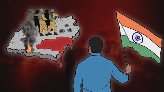 हाथ में तिरंगा थामे एक शख्स का चित्रण जो मणिपुर के नक्शे की तरफ देख रहा है. नक्शे पर एक तरफ आगजनी और बहते खून का चित्रण है.
