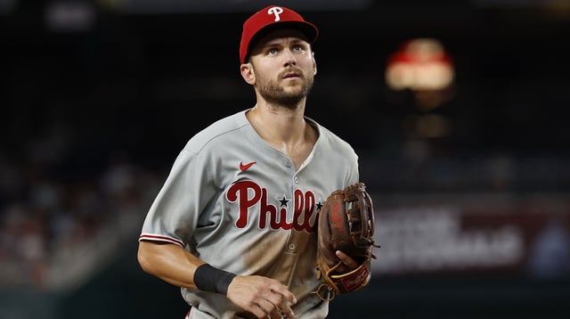 Aug 14, 2025; Washington, District of Columbia, USA; Philadelphia Phillies shortstop Trea Turner (7) jogs back to the dugout at the end of the eighth inning against the Washington Nationals at Nationals Park. Mandatory Credit: Geoff Burke-Imagn Images.