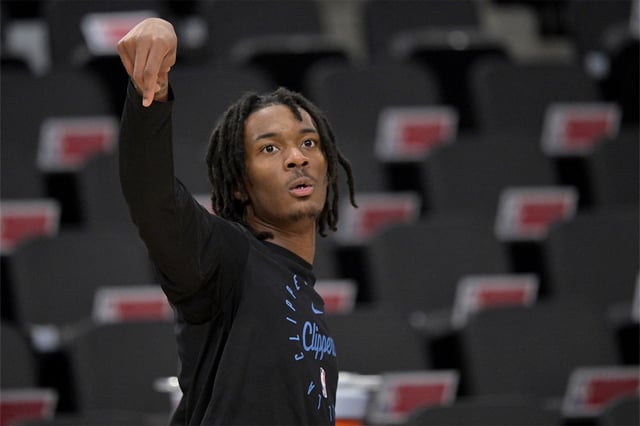 Dec 27, 2024; Inglewood, California, USA; Los Angeles Clippers guard Bones Hyland (5) warms up prior to the game against the Golden State Warriors at Intuit Dome.