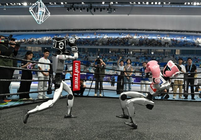 Deux robots s'affrontent lors de la première compétition mondiale de robots humanoïdes à Pékin, le 15 août 2025