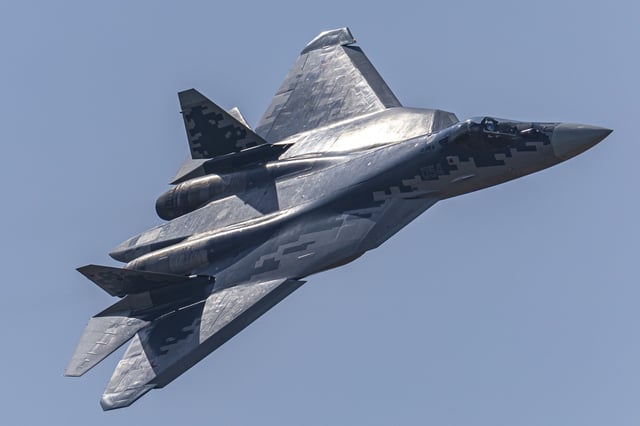 A Russian Sukhoi Su-57 stealth fighter jet begins preparations and adaptive flight training for the 15th China International Aviation and Aerospace Exhibition, or Airshow China 2024, on November 7, 2024 in Zhuhai, Guangdong Province of China.