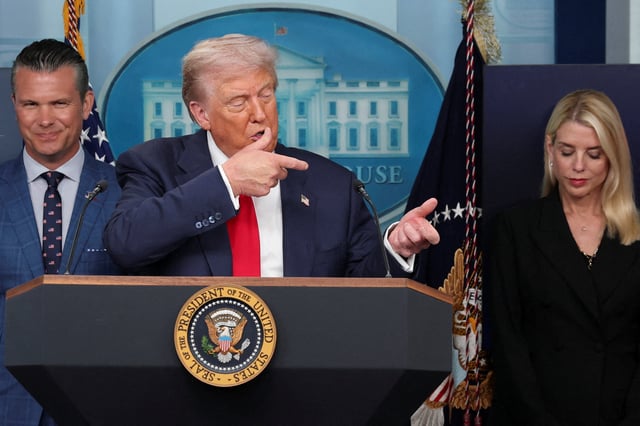 President Donald Trump gestures as he speaks about Javelin anti-tank missiles next to Defense Secretary Pete Hegseth and Attorney General Pam Bondi during a press conference about deploying federal law enforcement agents in Washington to bolster the local police presence, in the Press Briefing Room at the White House, in Washington D.C., on Aug. 11, 2025.