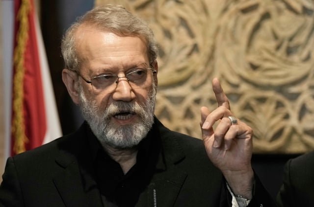 Iranian Secretary of Supreme National Security Council Ali Larijani, speaks during a press conference after his meeting with the Lebanese parliament speaker Nabih Berri, in Beirut, Lebanon, Wednesday, Aug. 13, 2025. (AP Photo/)