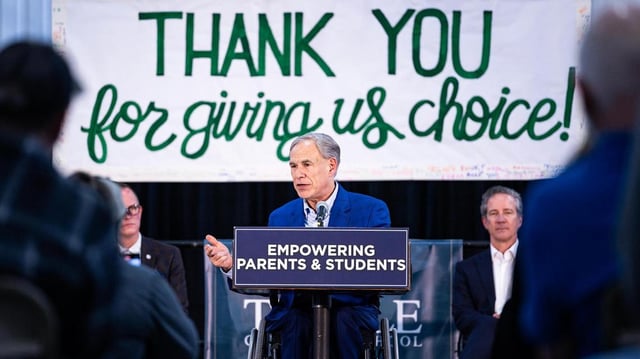 Texas Governor Greg Abbott speaks to a group of event attendees for his Parent Empowerment Night event where he advocated for school choice and vouchers at Temple Christian School in Fort Worth on Thursday, March 6, 2025.