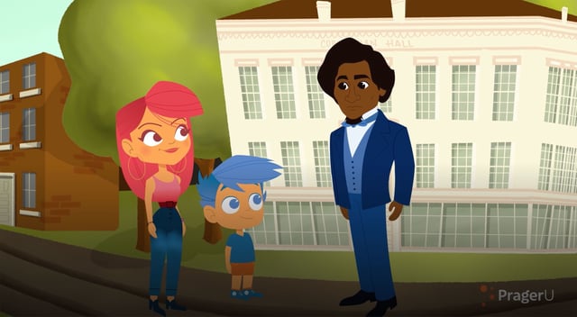 This screengrab taken from a PragerU video shows two characters interacting with abolitionist Frederick Douglass.