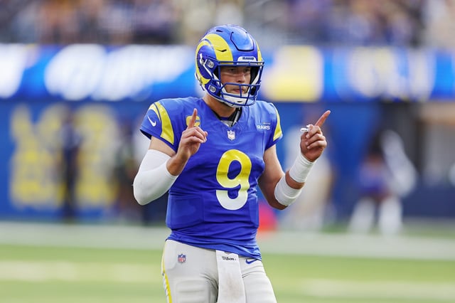 Matthew Stafford #9 of the Los Angeles Rams calls a play during the third quarter against the Pittsburgh Steelers at SoFi Stadium on October 22, 2023 in Inglewood, California.