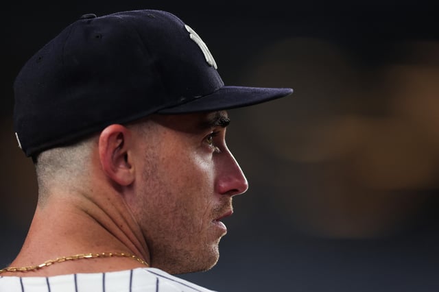 NEW YORK, NEW YORK - AUGUST 11: Cody Bellinger #35 of the New York Yankees looks on before the start of the fifth inning of the game against the Minnesota Twins at Yankee Stadium on August 11, 2025 in New York City.