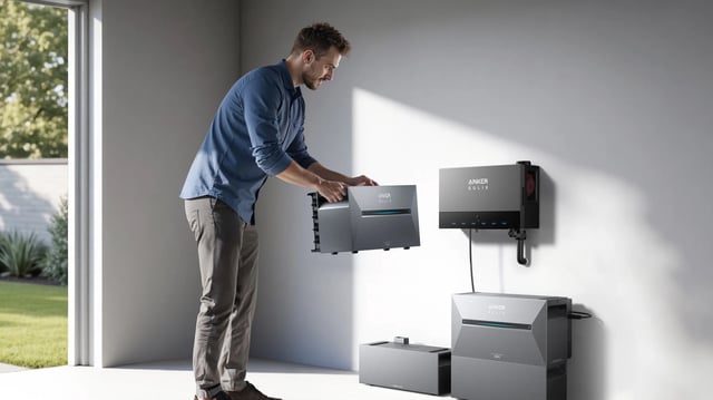Person installiert Solarbank Multisystem von Anker Solix