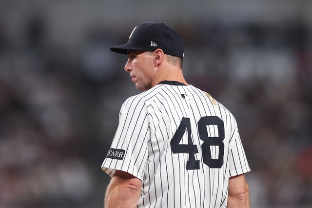 NEW YORK, NEW YORK - AUGUST 11: Paul Goldschmidt #48 of the New York Yankees looks on during the fifth inning of the game against the Minnesota Twins at Yankee Stadium on August 11, 2025 in New York City. (Photo by Dustin Satloff/Getty Images)
